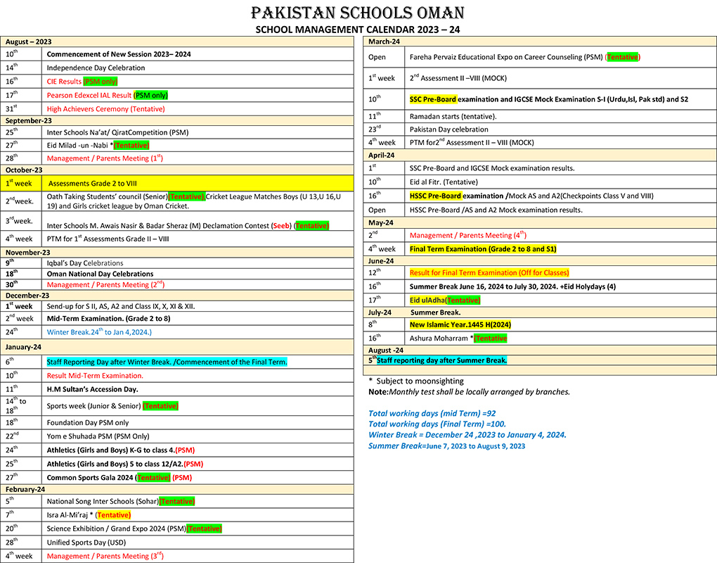 academic calender 2023-2024